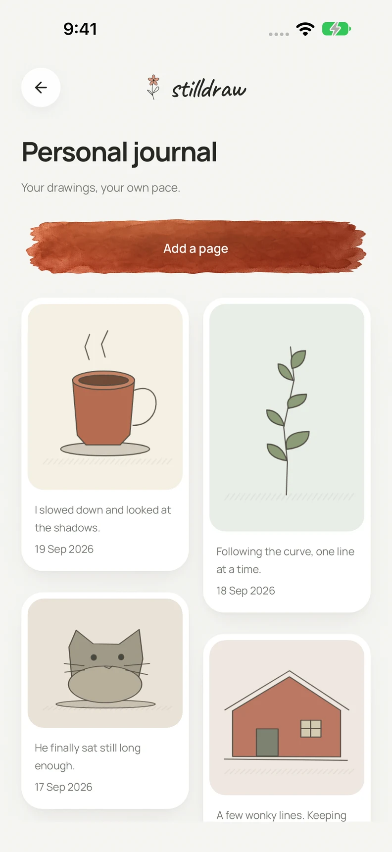 Stilldraw’s personal journal: drawings of a cup, a plant, a cat and a house, each with a date and a short reflection.
