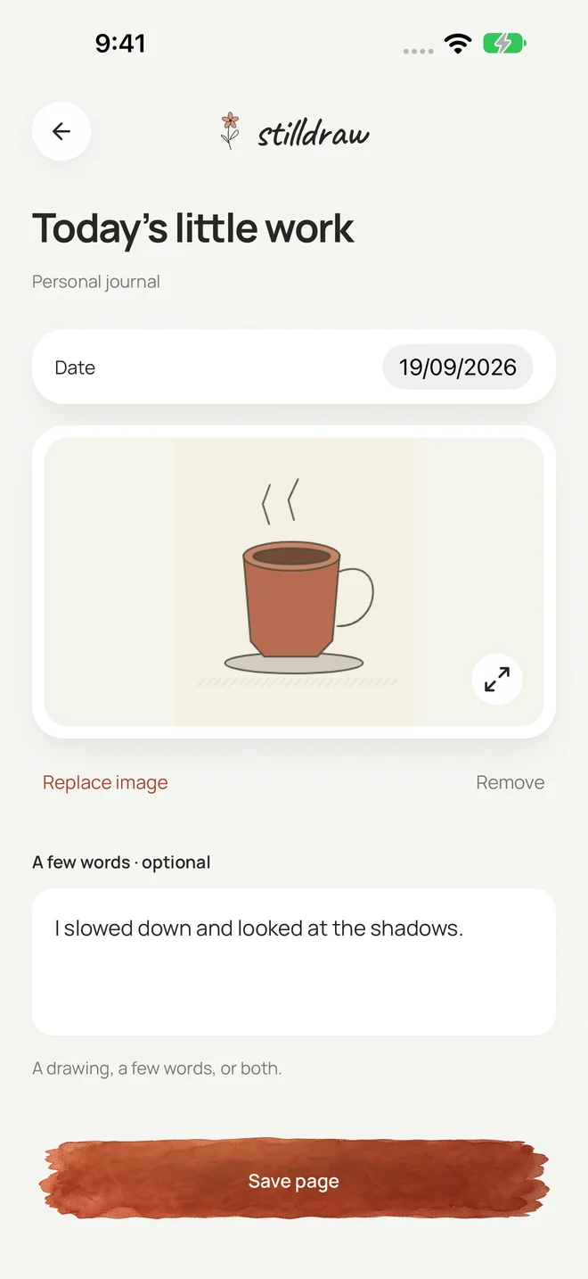A journal page with a drawing of a cup and the reflection: I slowed down and looked at the shadows.